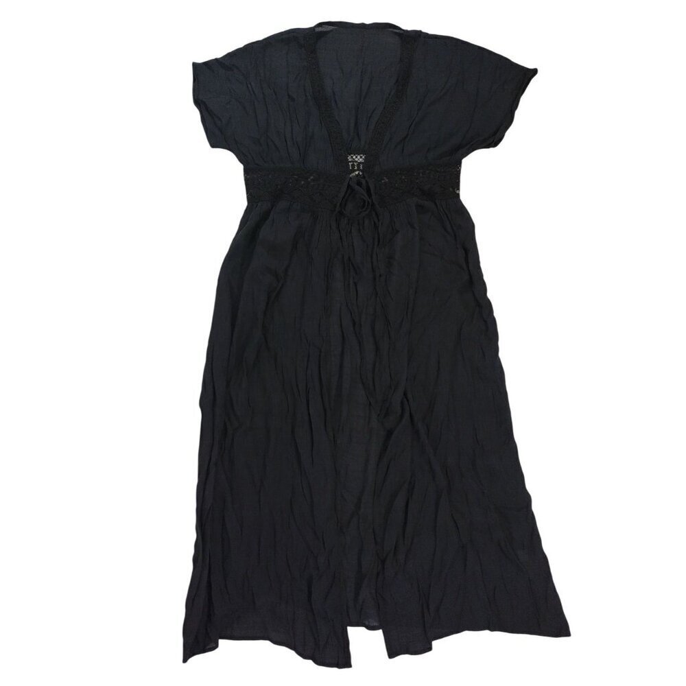 Womens Black Lace Trim Maxi Tunic Dress Short Sleeve One Size.